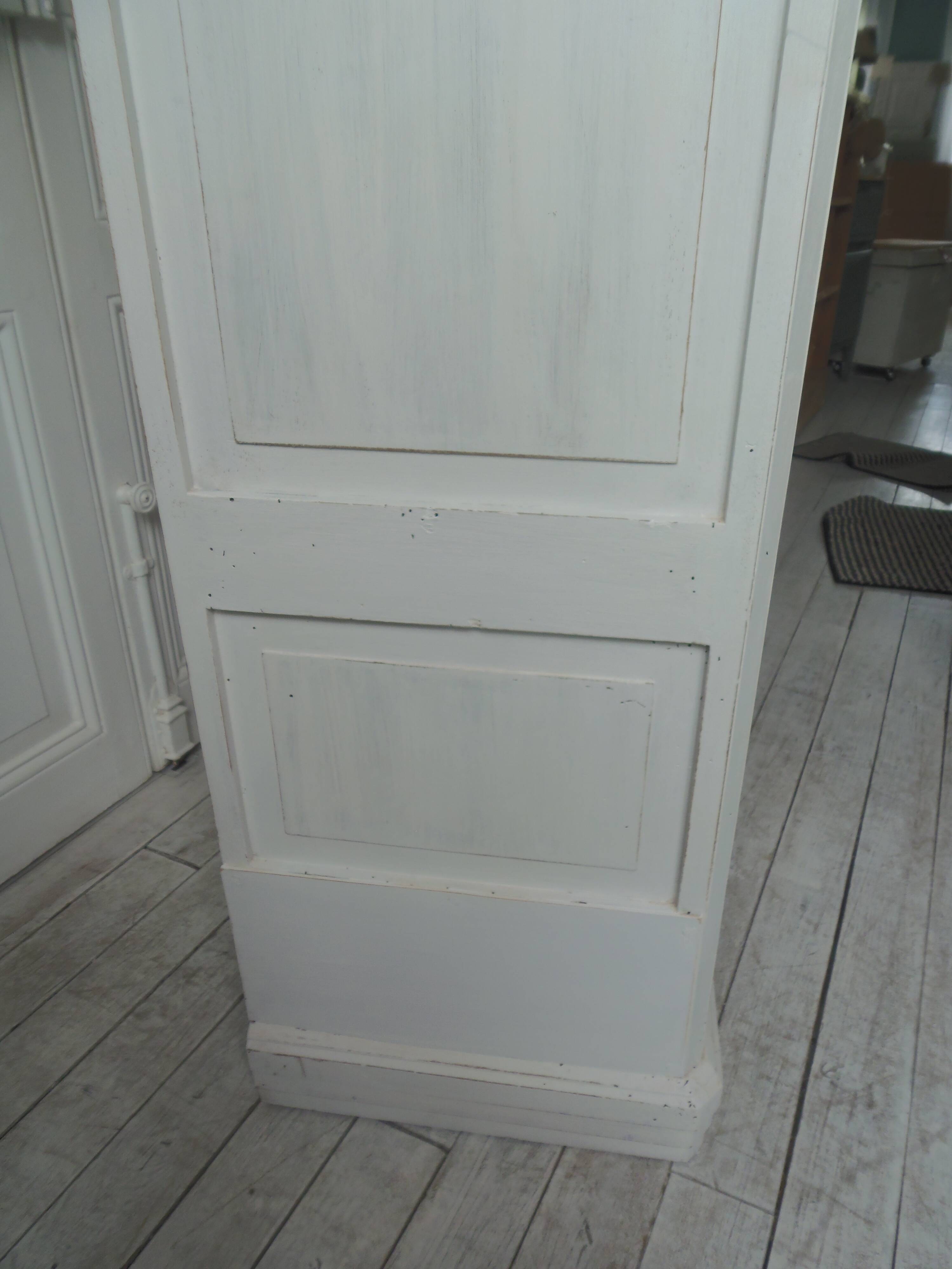 Re-enchanted vintage bookcase in pearl grey waxed finish.