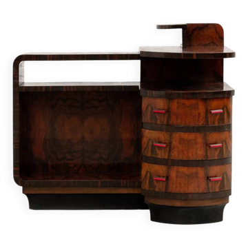 Italian rationalist walnut sideboard with red Bakelite handles, circa 1930