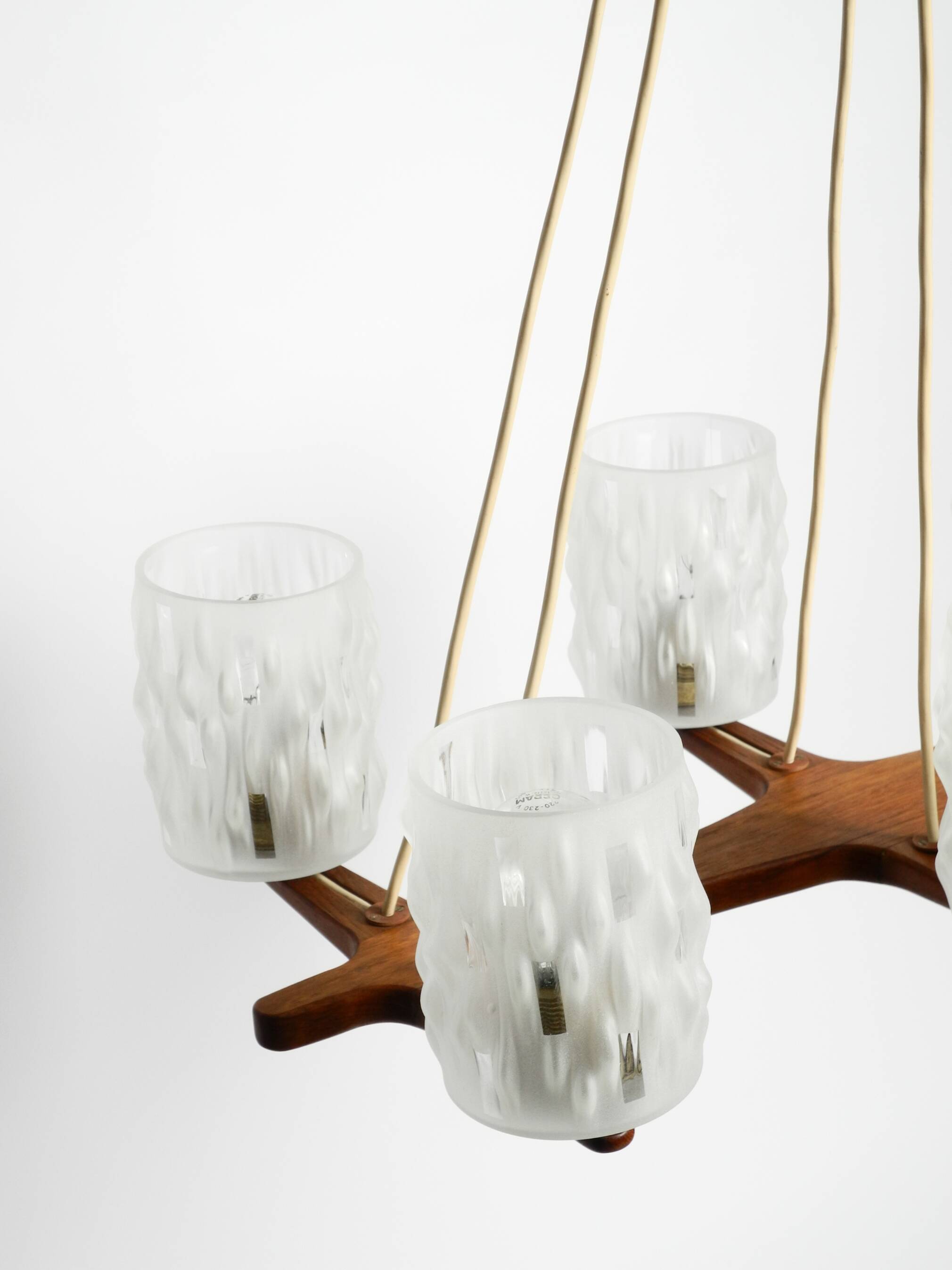 Beautiful 6-armed Scandinavian 1960s ceiling lamp made of teak and with gla