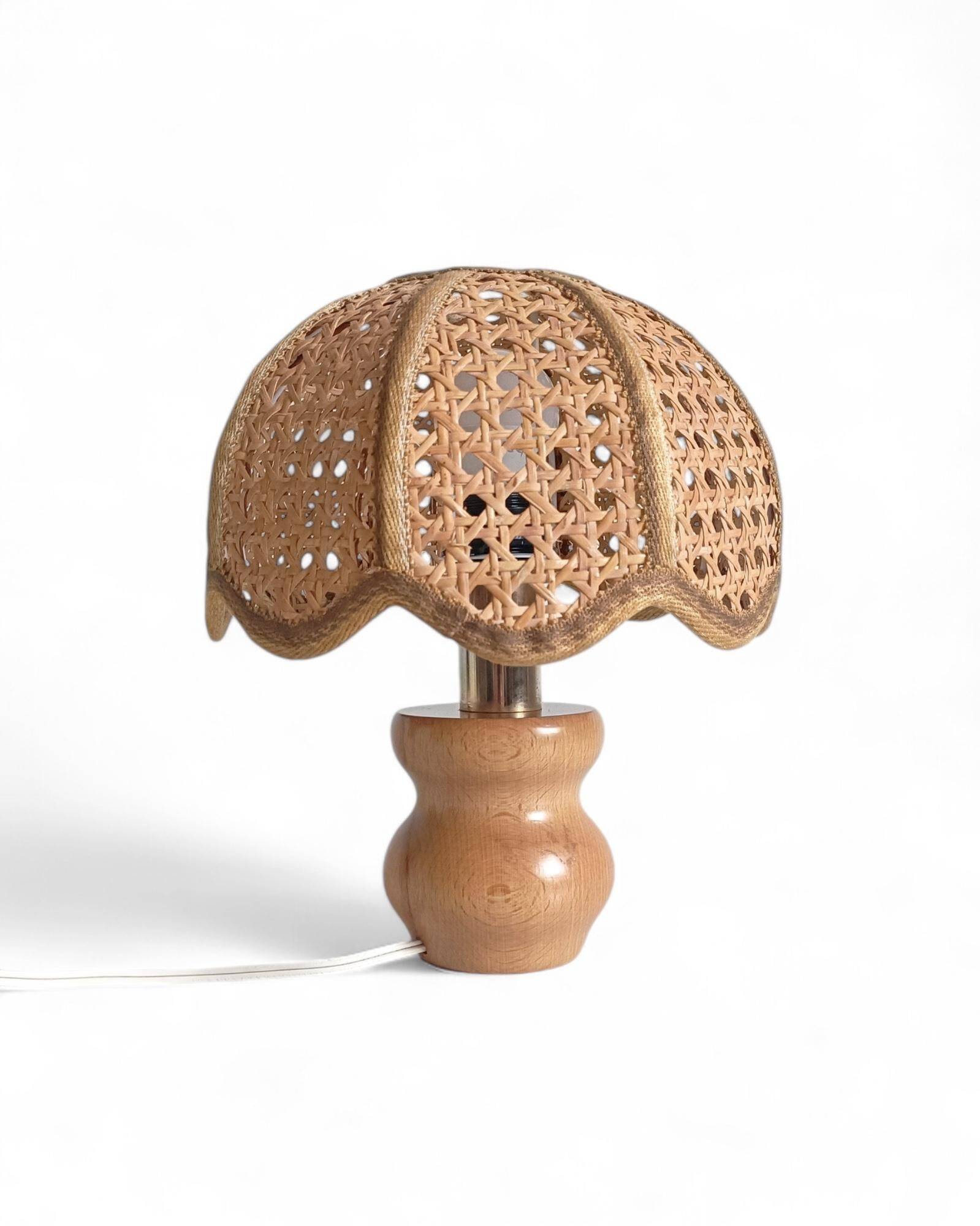 Italian Mid-Century Table Lamp, Pine Wood & Cane, Handcrafted, 1970s