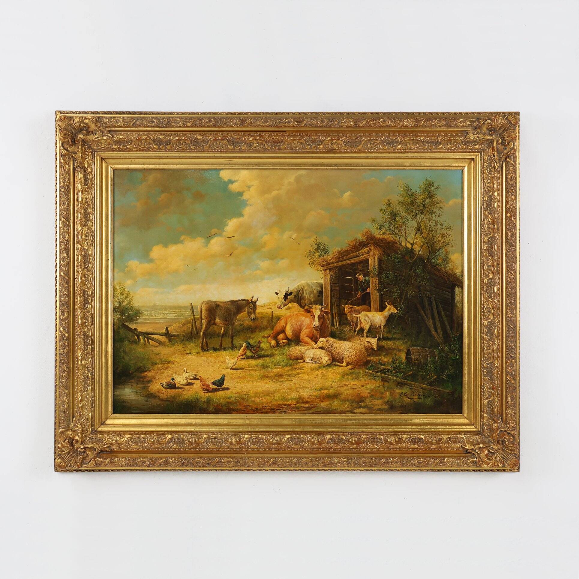 Belgian Artist, Farm Scene, 20th Century, Large Oil on Canvas, Framed