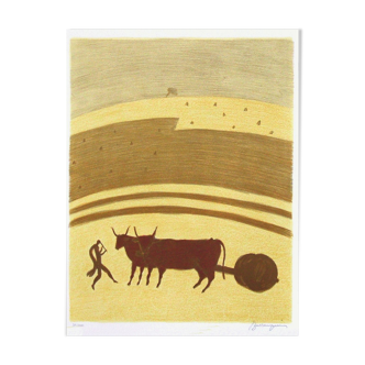 Pierre boncompain boeufs à l'attelage 1990 lithographie