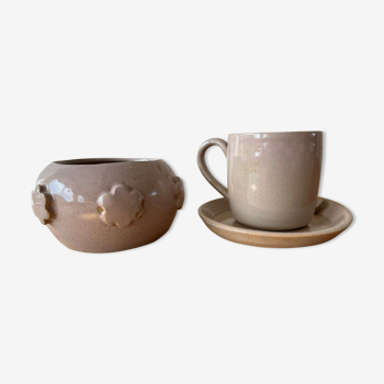 Ceramic cup, sub-cup and sugar bowl