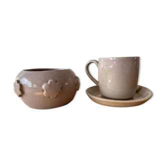 Ceramic cup, sub-cup and sugar bowl