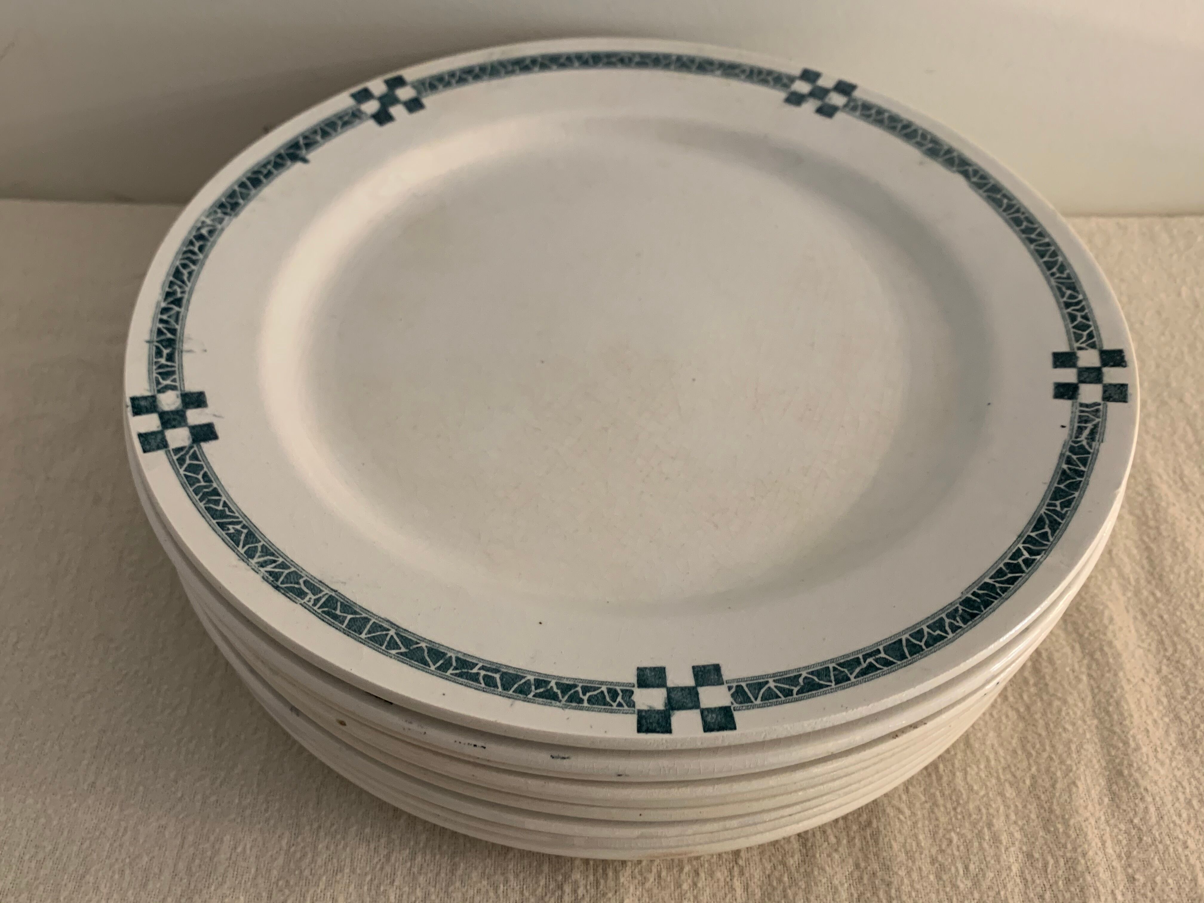 10 flat plates art deco Creil and Montereau model Nancy blue green gray