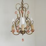French Vintage 4 Light Metal Cage Chandelier with Bead Swag and Pink Murano Drops