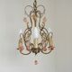 French Vintage 4 Light Metal Cage Chandelier with Bead Swag and Pink Murano Drops