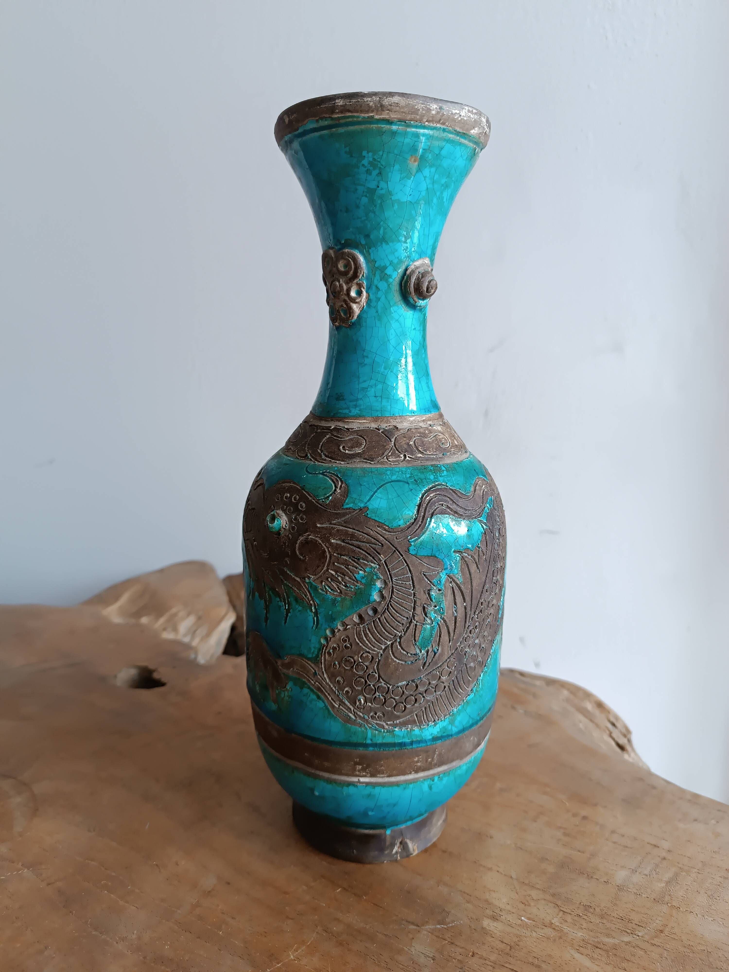 Ugo zaccagnini turquoise ceramic vase with dragon decoration