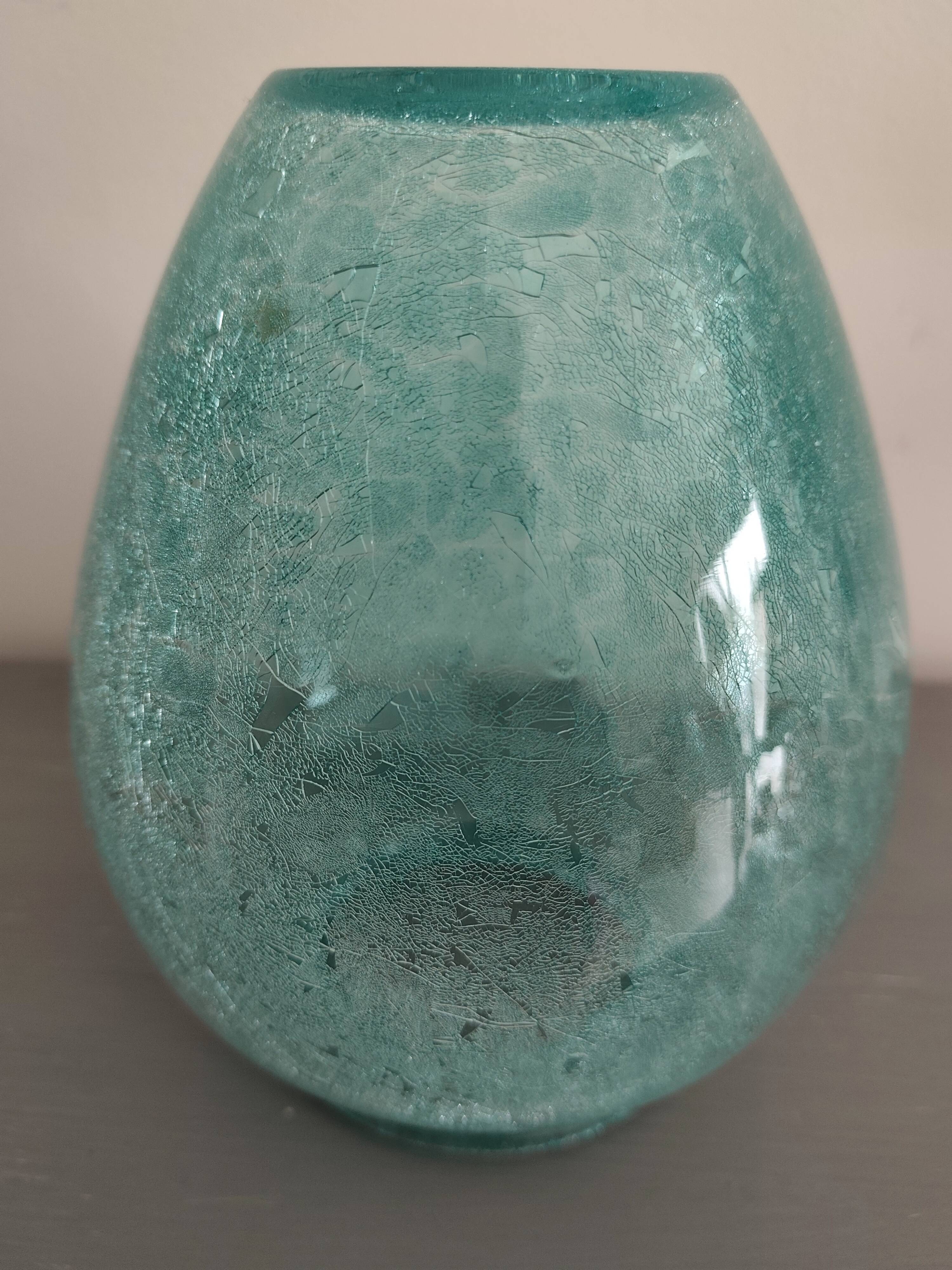vase Karcagi Fátyolüveg cracked glass turquoise / blue-green water Hungary