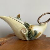 Hull pottery tea set parchment and pine, tea pot, creamer & sugar pot, american embossed majolica
