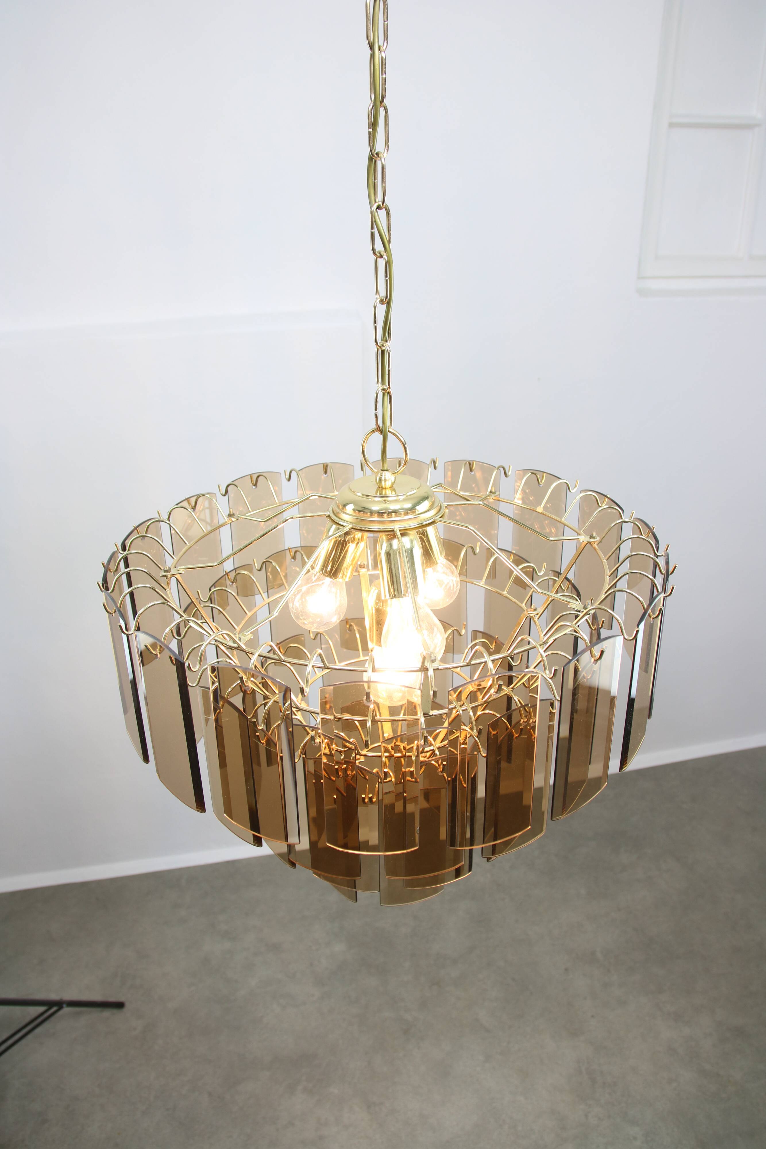 Vintage Veca Chandelier: Italian 1970s Smoked Glass & Brass Pendant Lamp