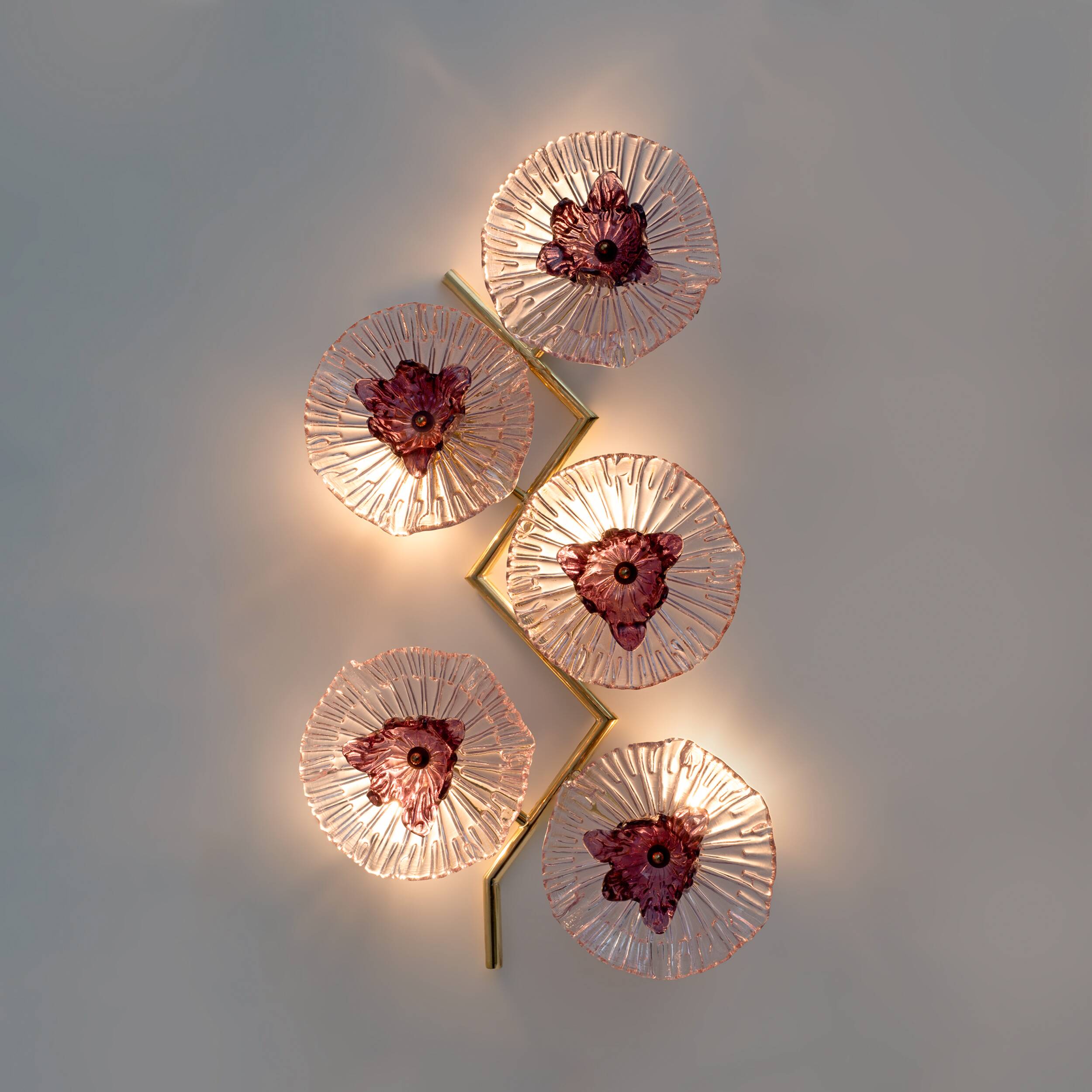 Pair of Modern Italian Murano Glass and Brass Flowers Wall Lamps