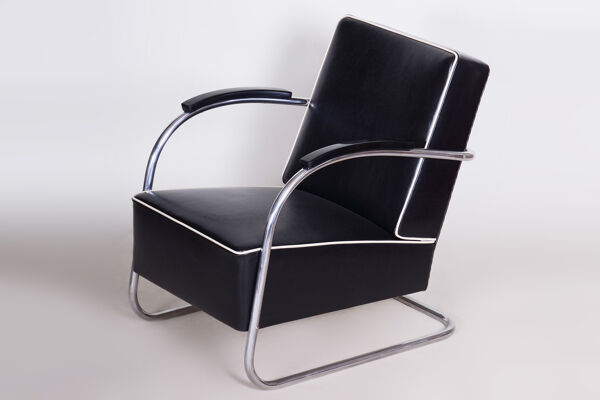 Deux fauteuils en cuir noir, Tchéquie des années 1930, fabriqués par Mucke-Melder