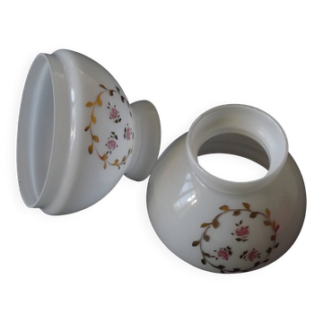 Pair of Vintage White Milk Glass Lamp Shades With Pink Roses & Gold Foliage