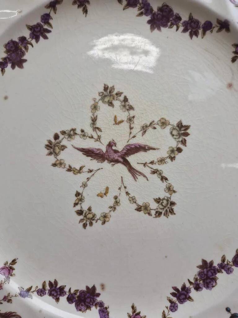 Antique English plate Clarendon P.b.&s – decoration of mauve birds & flowers – Oriental Ivory