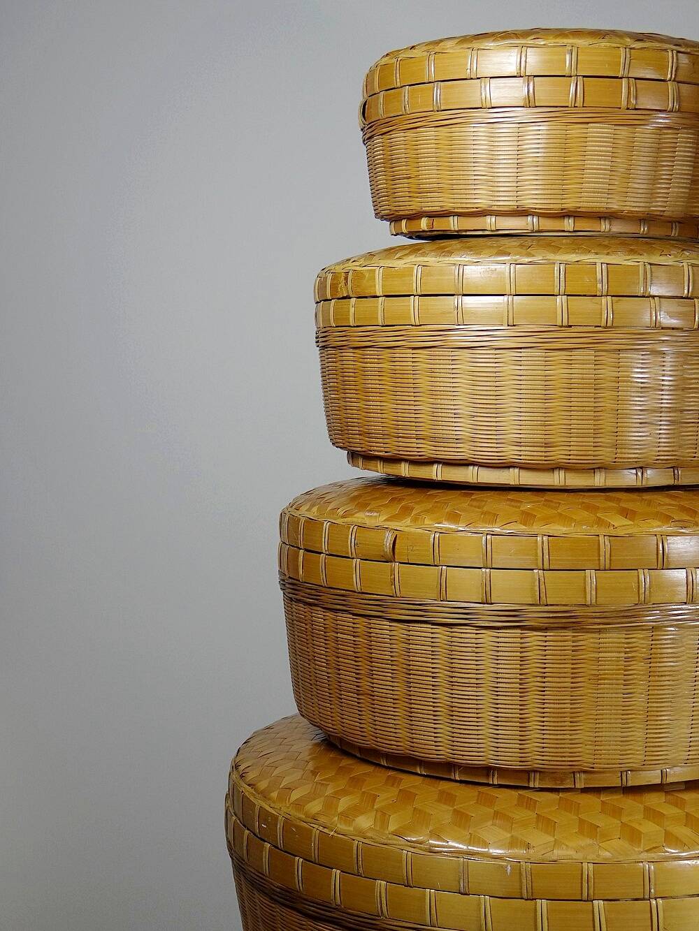 4 boîtes gigognes en bambou tressé, artisanat asiatique vintage