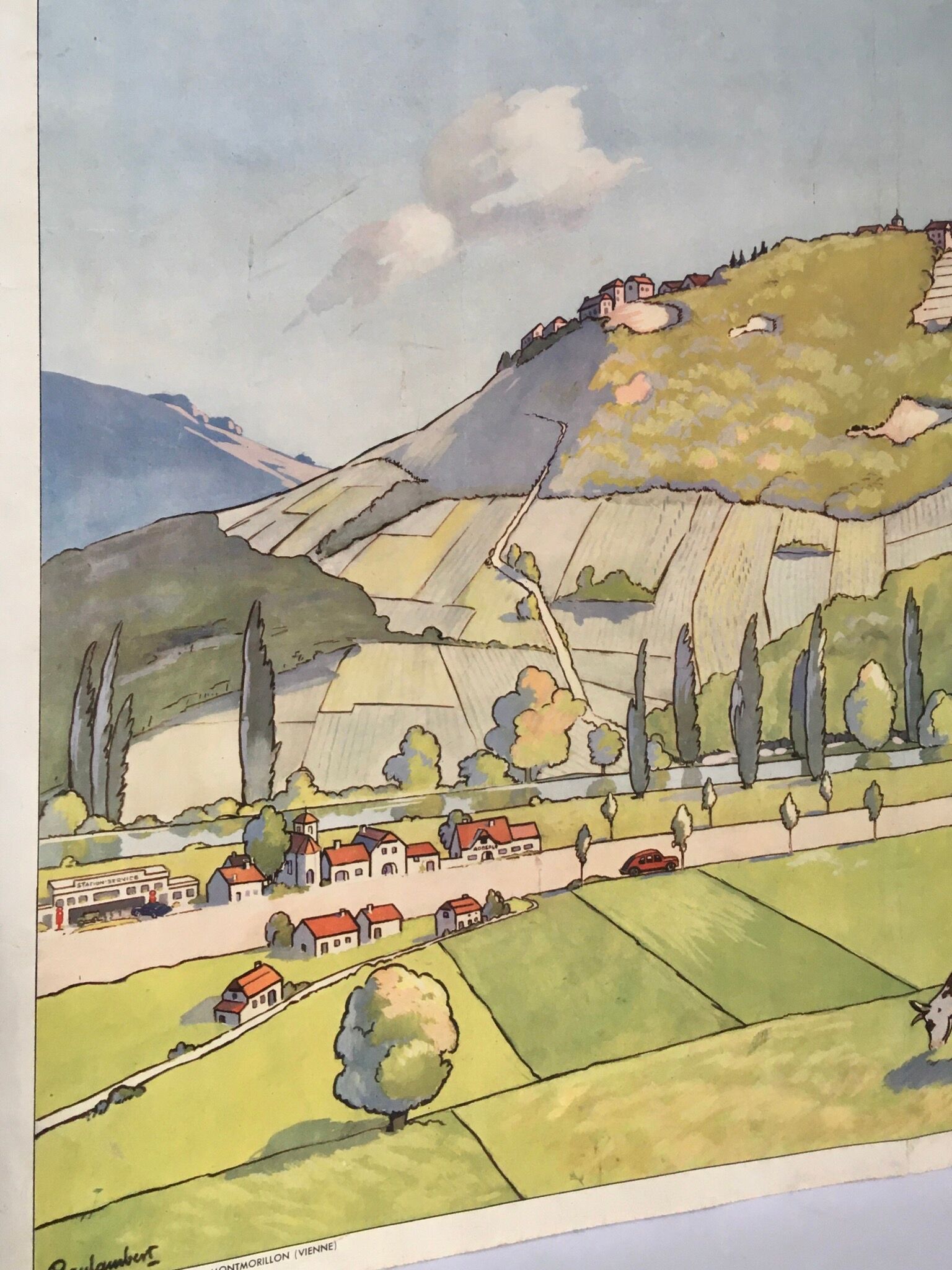 School poster vintage school landscape mountain two-sided signed Raylambert for Rossignol 50s