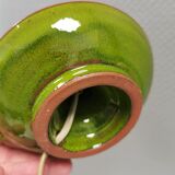 Small ceramic table lamp with beautiful green glaze and original shade, 70s