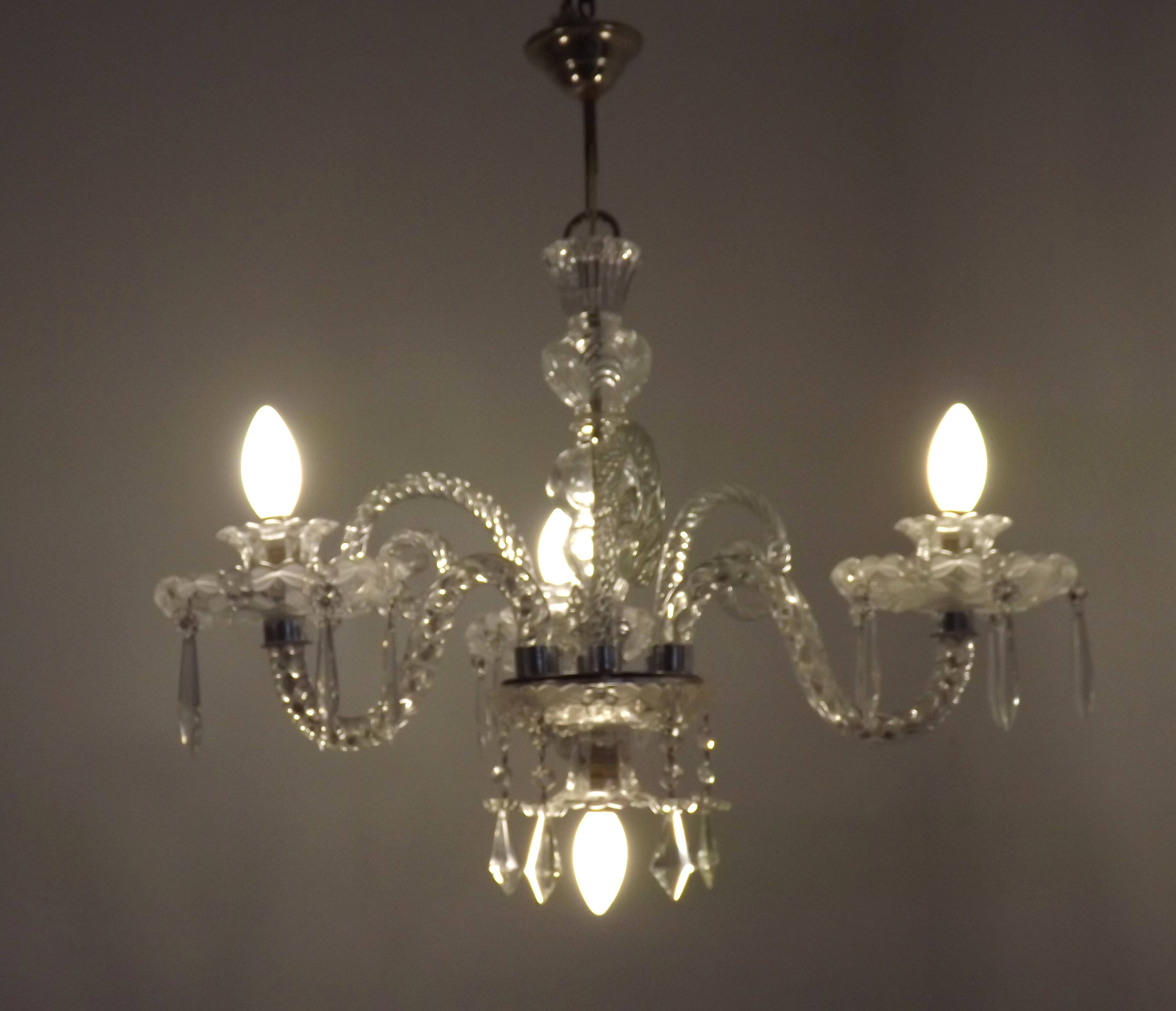 French antique glass and crystal barley twist three-armed four-light chandelier 5135