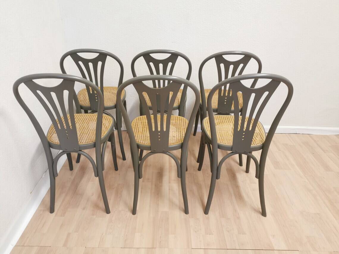 Set of 6 Vintage Gray Bentwood Dining Chair: Thonet Style Cane Seat