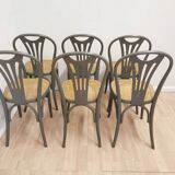 Lot de 6 chaises de salle à manger vintage en bois courbé gris : siège en rotin style Thonet