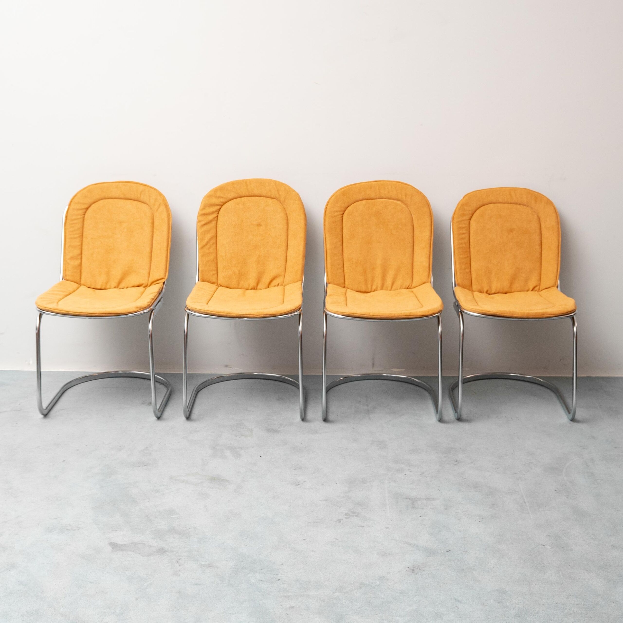 Set of 4 vintage Gastone Rinaldi chairs in chromed steel and yellow fabric, 1970s modernism