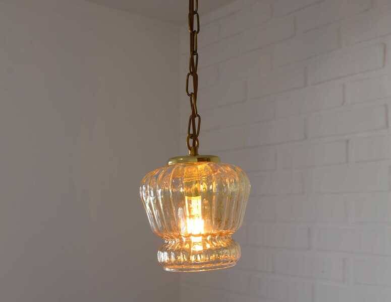 Vintage old gold pendant light, amber glass, 1960s chain lamp