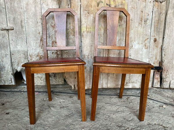 Paire Chaise Ancienne Art Deco Bois + Assise Cuir Rouge Vintage #D742