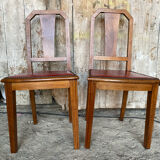 Pair of Vintage Art Deco Wooden Chairs with Red Leather Upholstery #D742