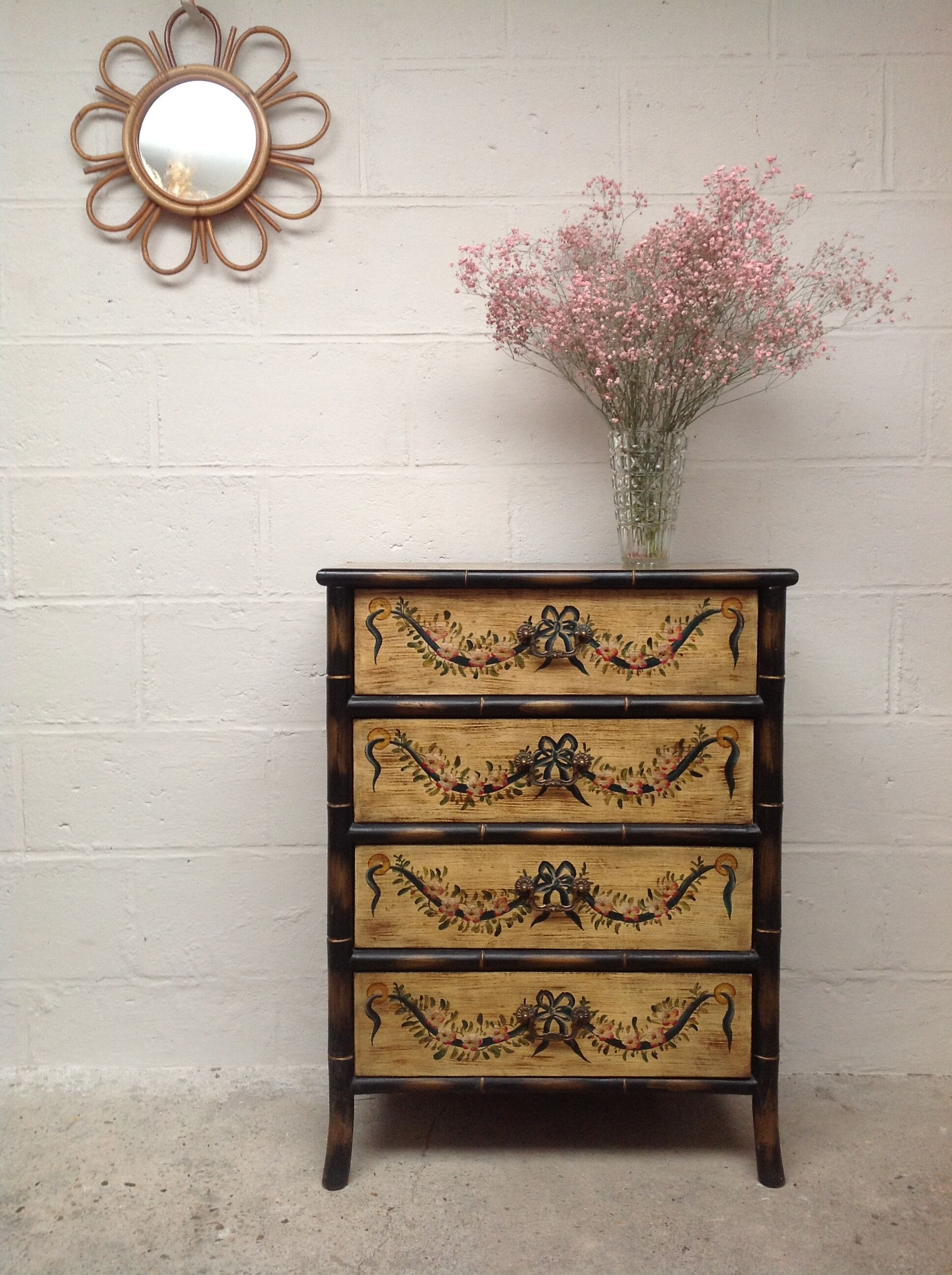 Venetian-style painted wood and bamboo chest of drawers