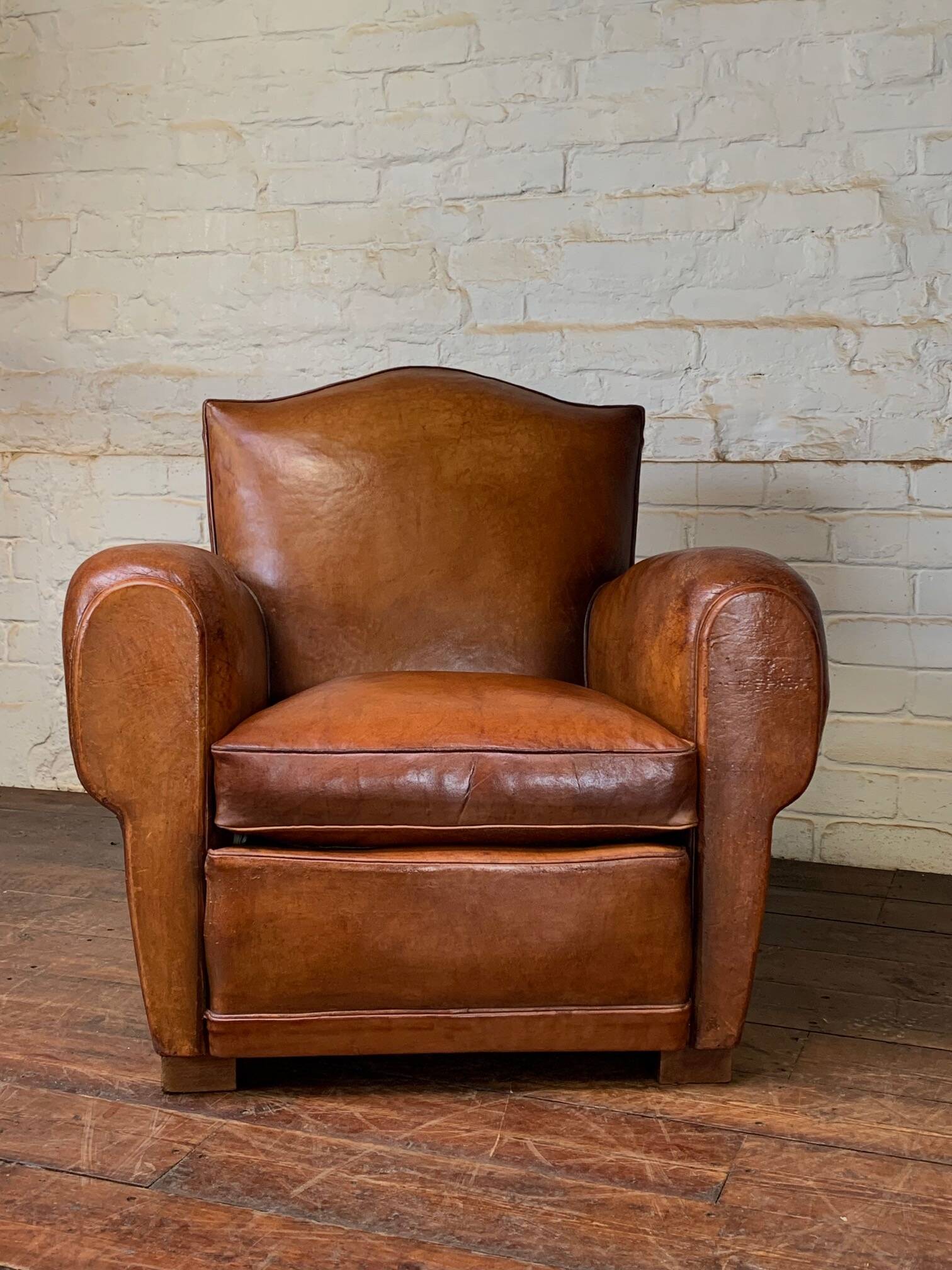 French leather club chair chapeau de gendarme in caramel c 1950