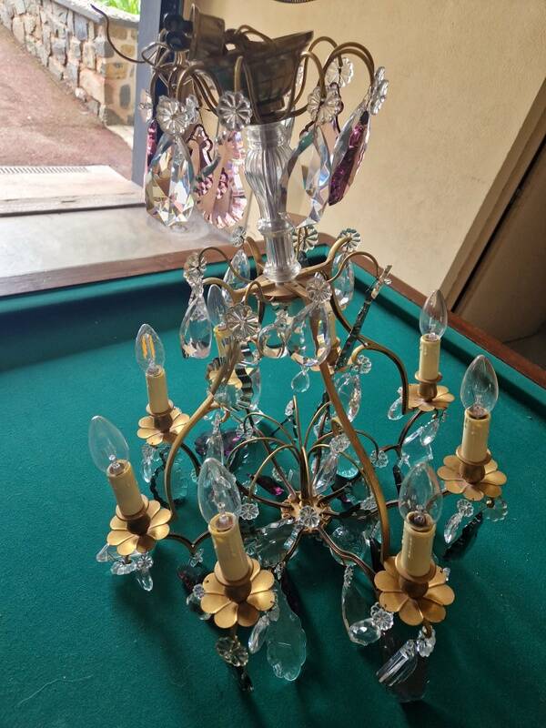 Brass cage chandelier and crystal pendants with 8 lights and 79 pendants