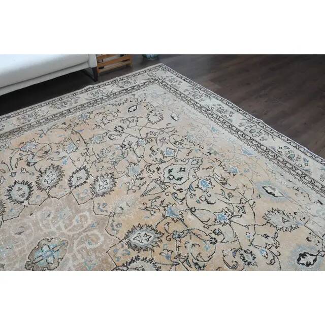 1970s Vintage Persian Handmade Wool Cotton Light Brown Area Rug 276x356