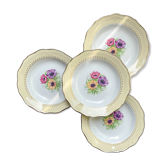 4 assiettes creuses en porcelaine vintage motif fleuri blanche jaune doré L'Amandinoise "Coopélia"