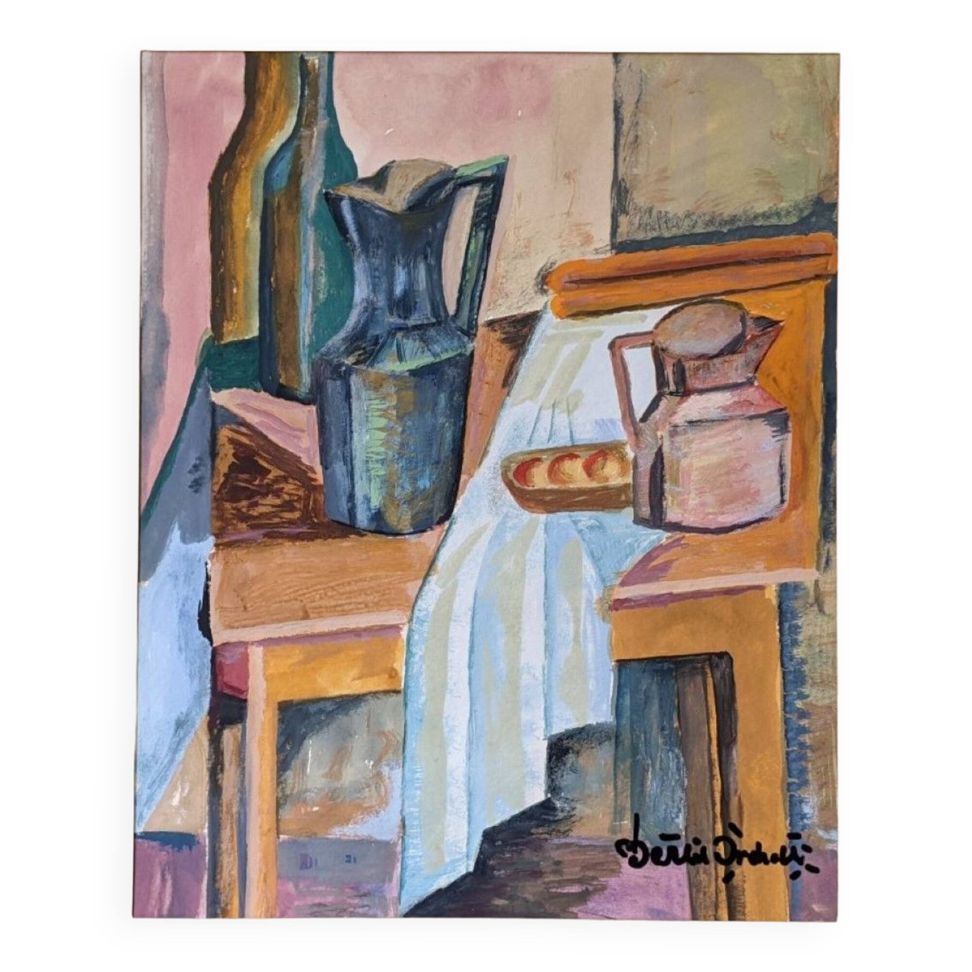 Mid-century modern swedish interior still life 'tabletop setting', vintage framed watercolour