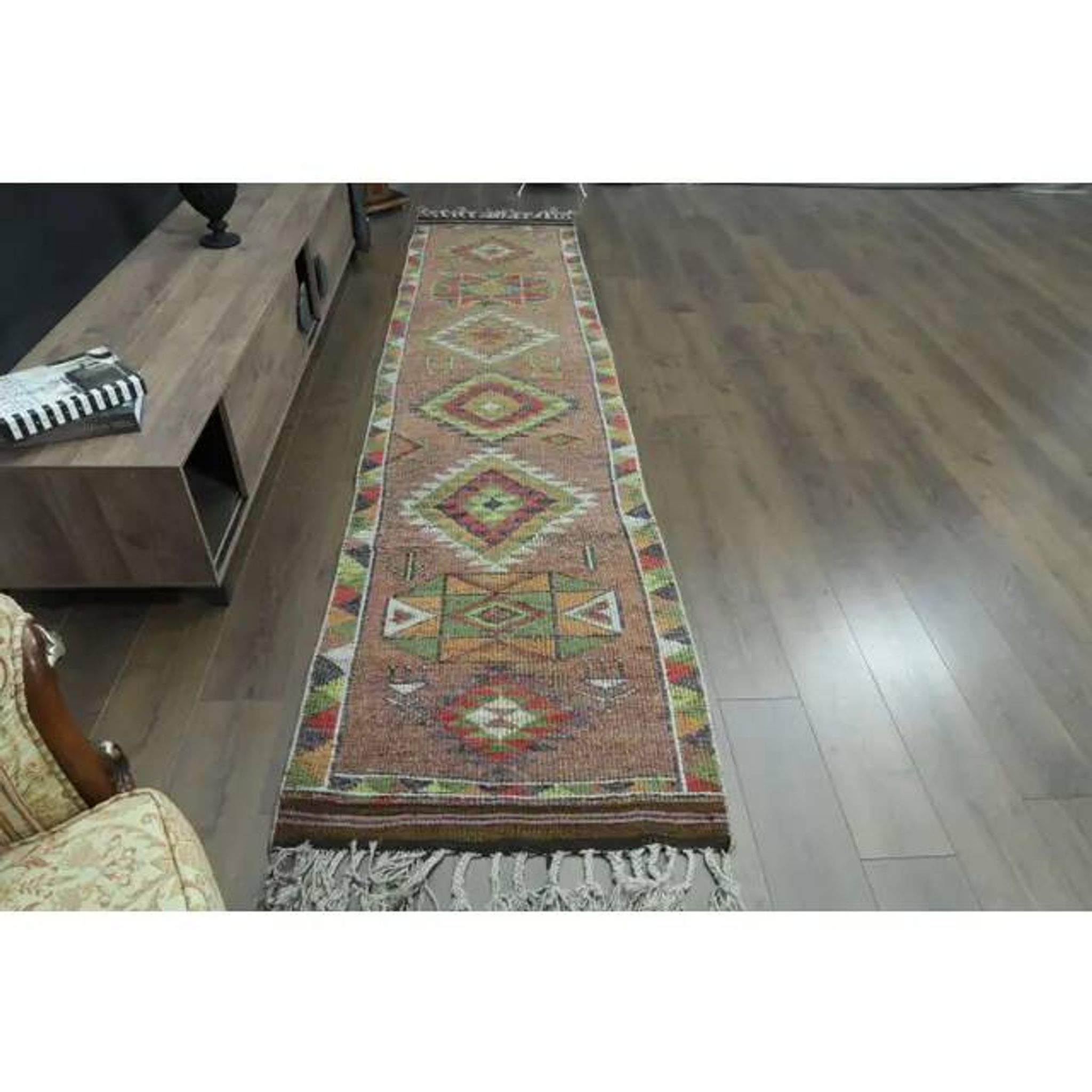 1970s Vintage Turkish Oushak Handmade Wool Cotton Orange Runner Rug 85x358