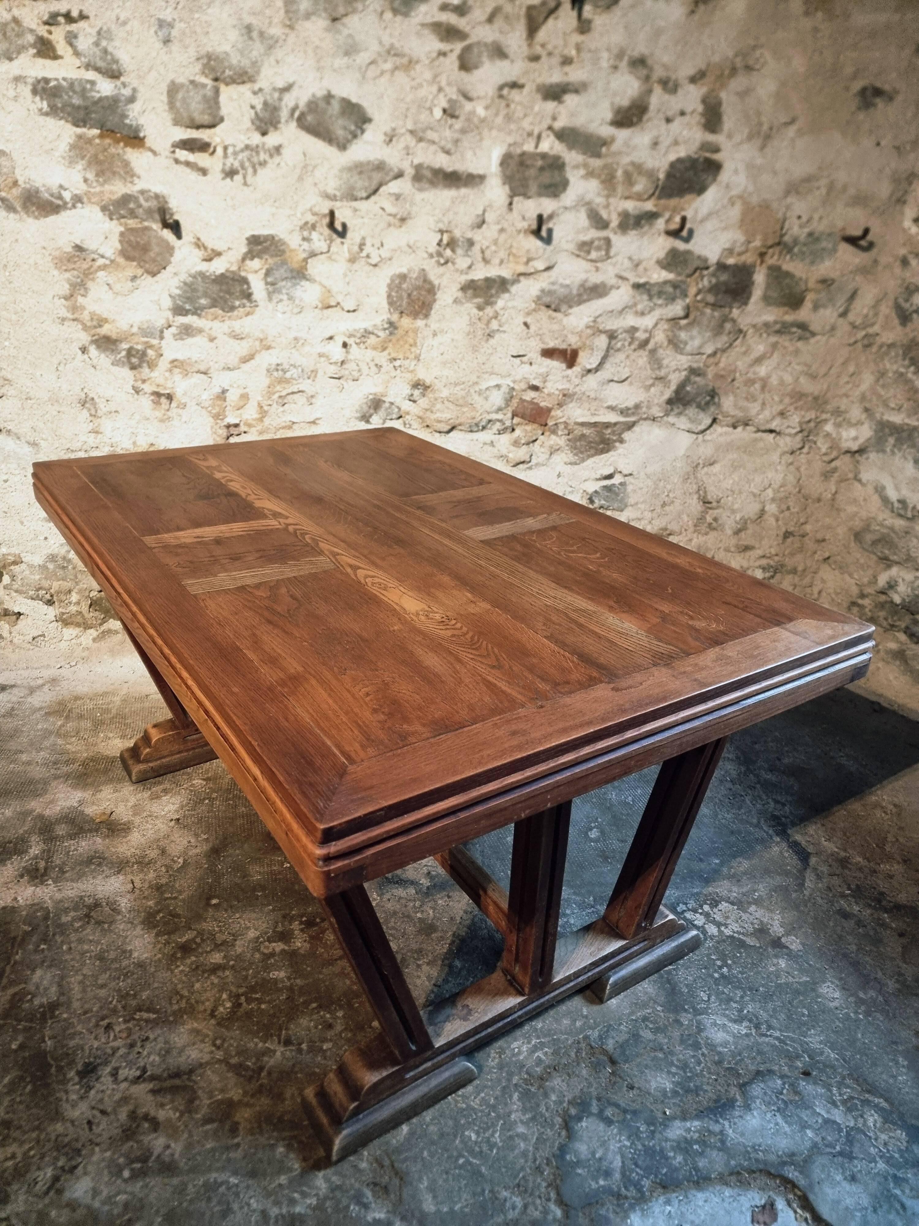 French vintage table in solid oak, Arts & Crafts style, 1930s–1940s.