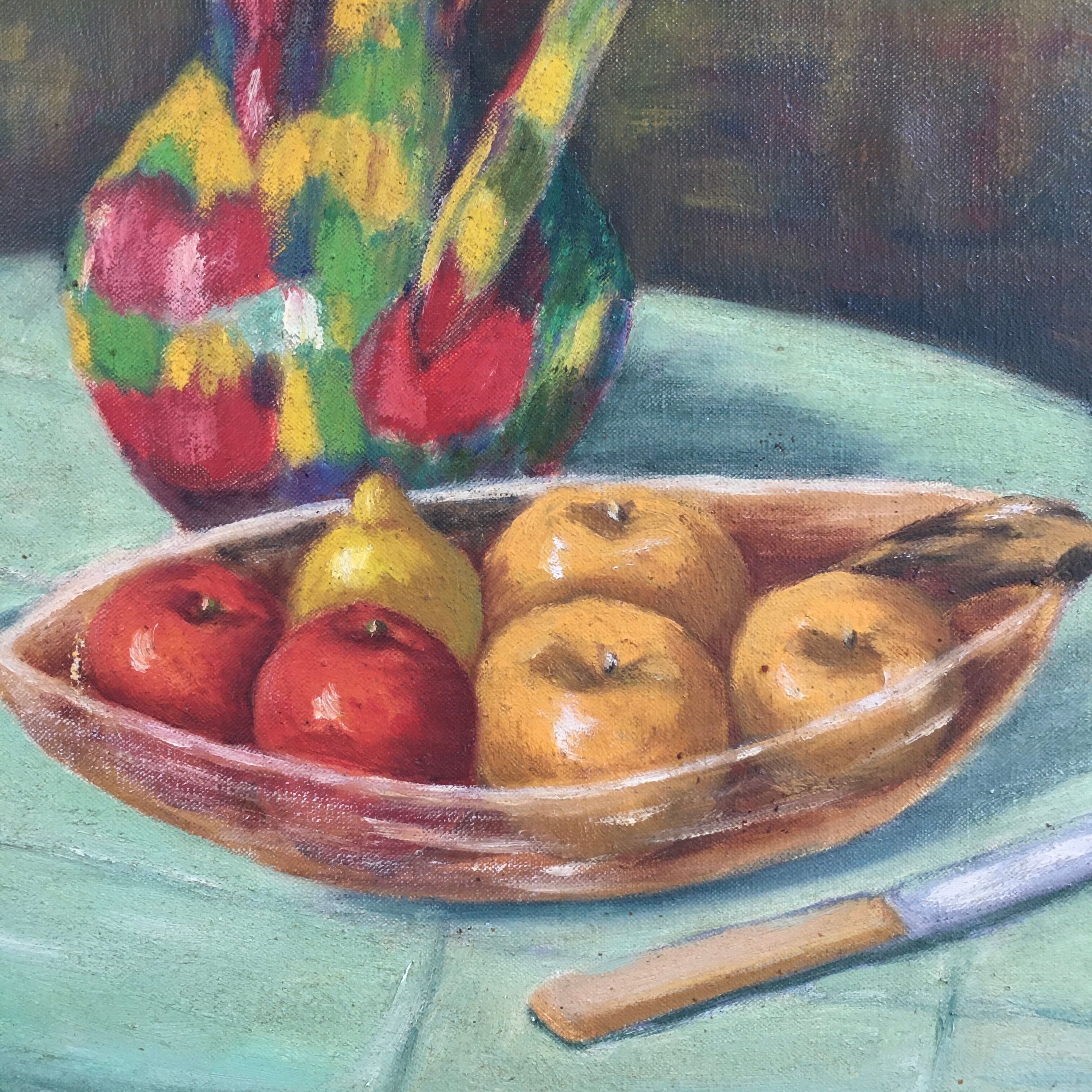Still life painting with a pitcher and fruit