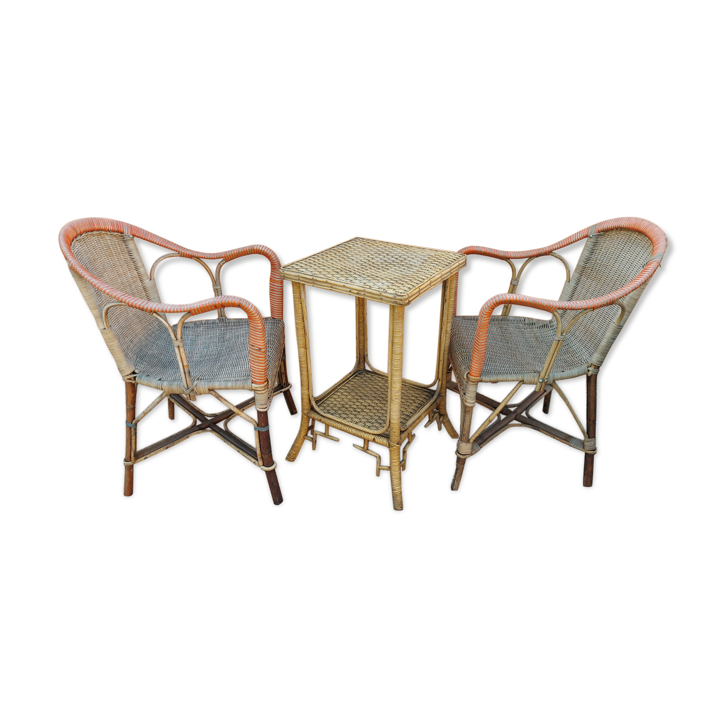 Pair of armchairs and rattan gueridon 1900s
