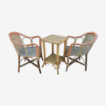 Pair of armchairs and rattan gueridon 1900s