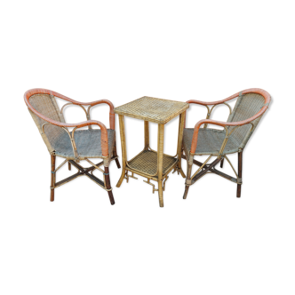 Pair of armchairs and rattan gueridon 1900s
