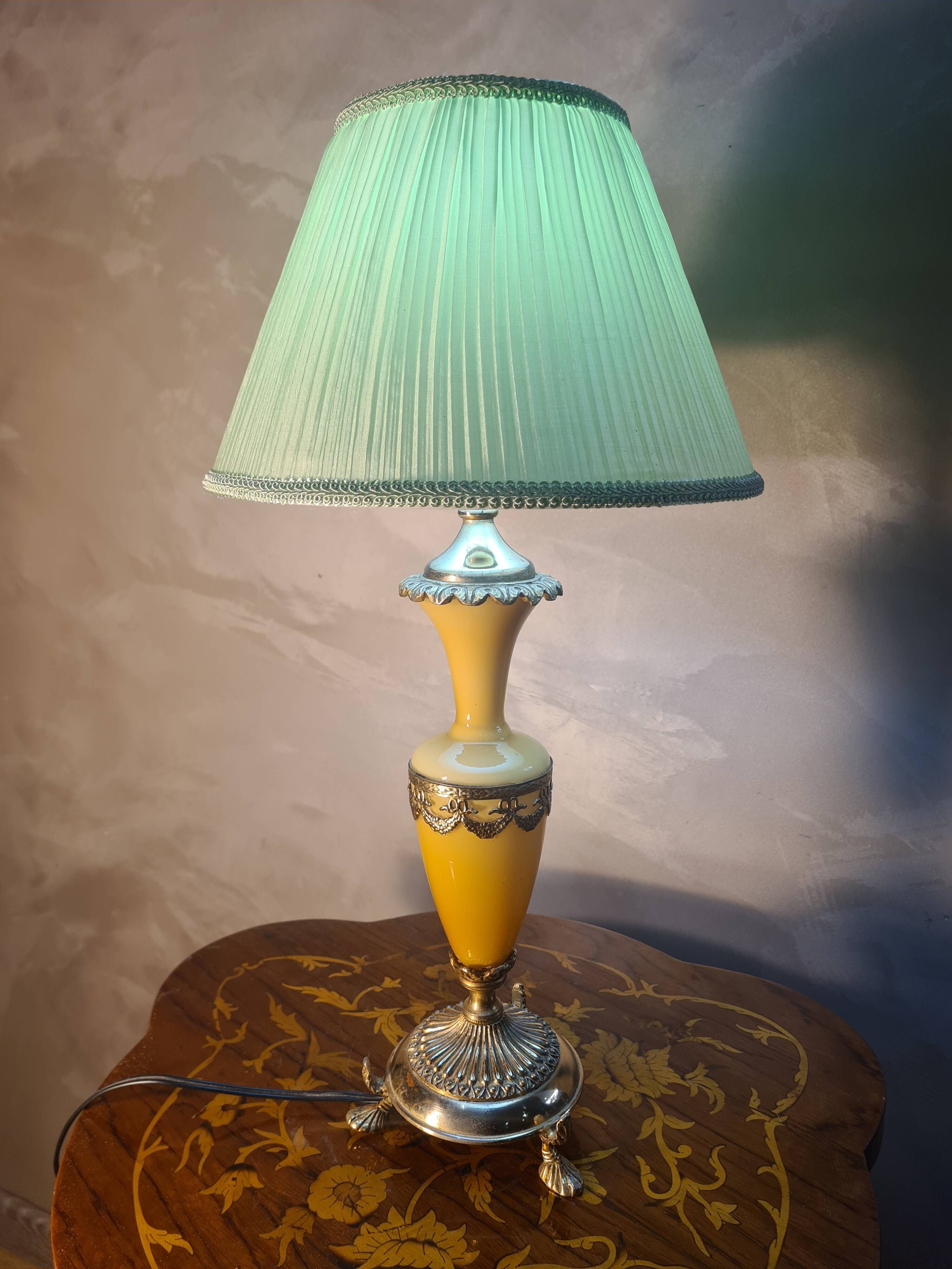 honey opaline lamp with gilding, pleated satin shade 50x25, electrical in good condition, very good