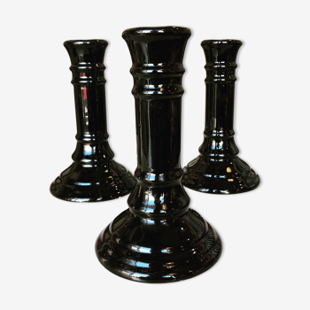 Trio of black porcelain candle holders