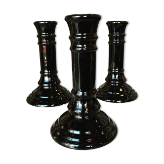 Trio of black porcelain candle holders