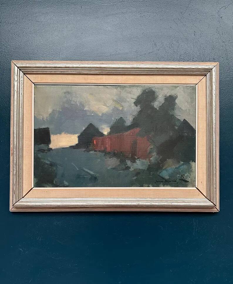 Original Swedish Oil on Canvas – “Red Barn” by Arne Aspelin – Signed – Vintage & Framed – 70 × 50 cm (27.6" × 19.7")