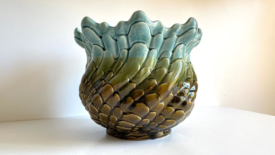 Cache-pot barbotine en ceramique emaillée vintage