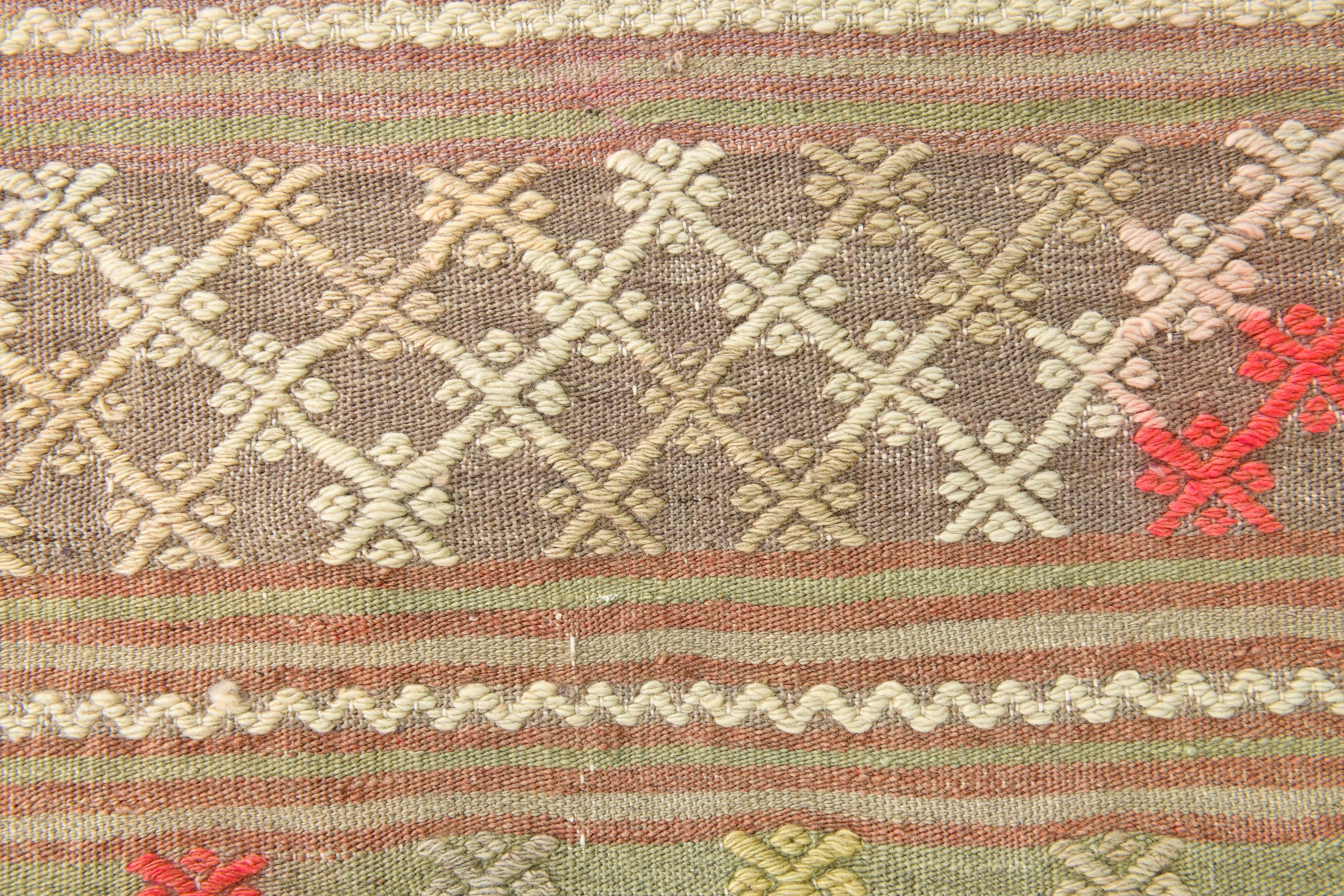 6x8 Light Green Brown Turkish Kilim Rug, 173x260Cm