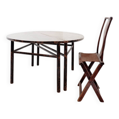Paire de consoles chinoises en demi-lune - Table centrale et chaise pliante