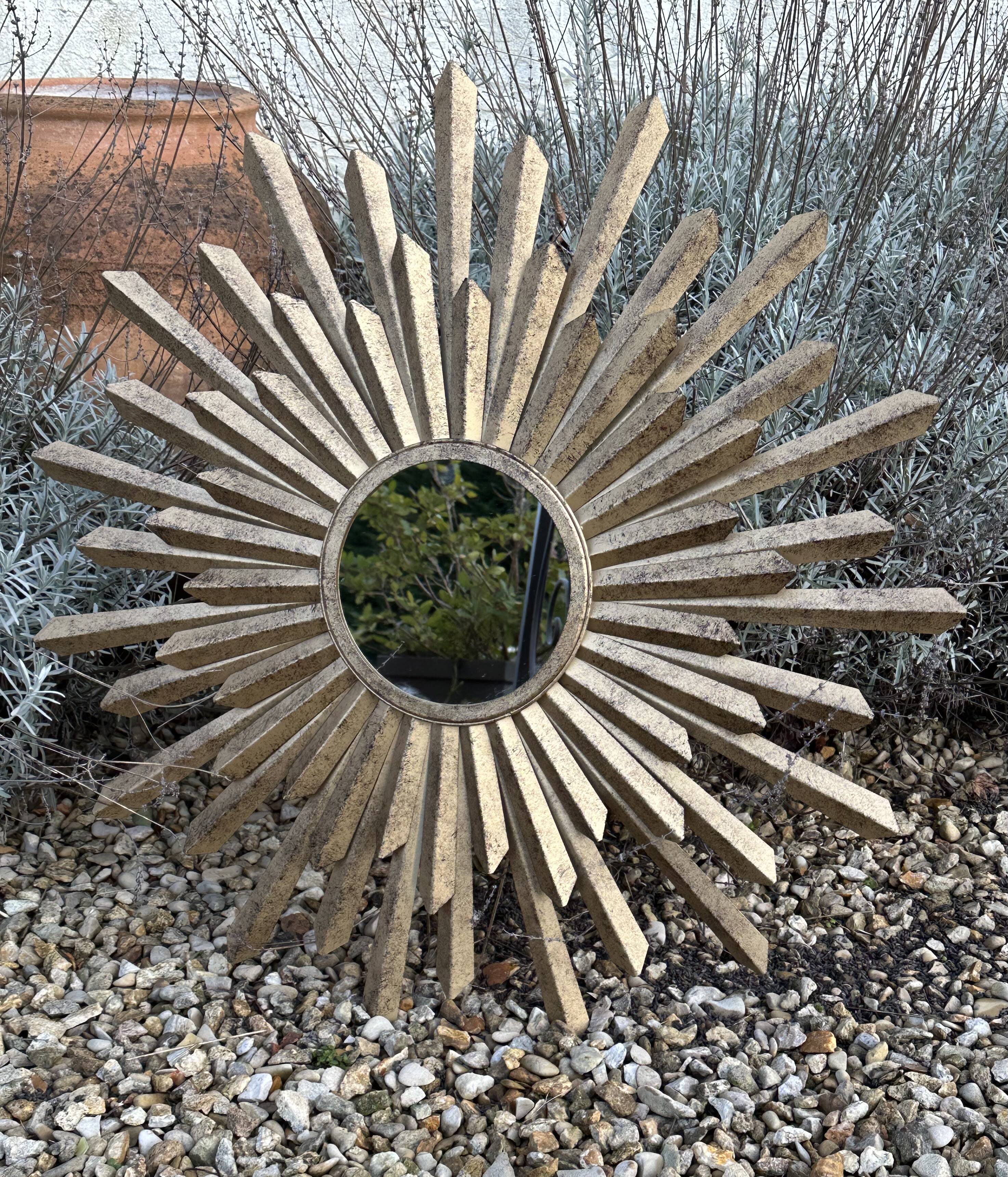 Sun mirror in patinated gold metal from the 2000s Diam 76 cm
