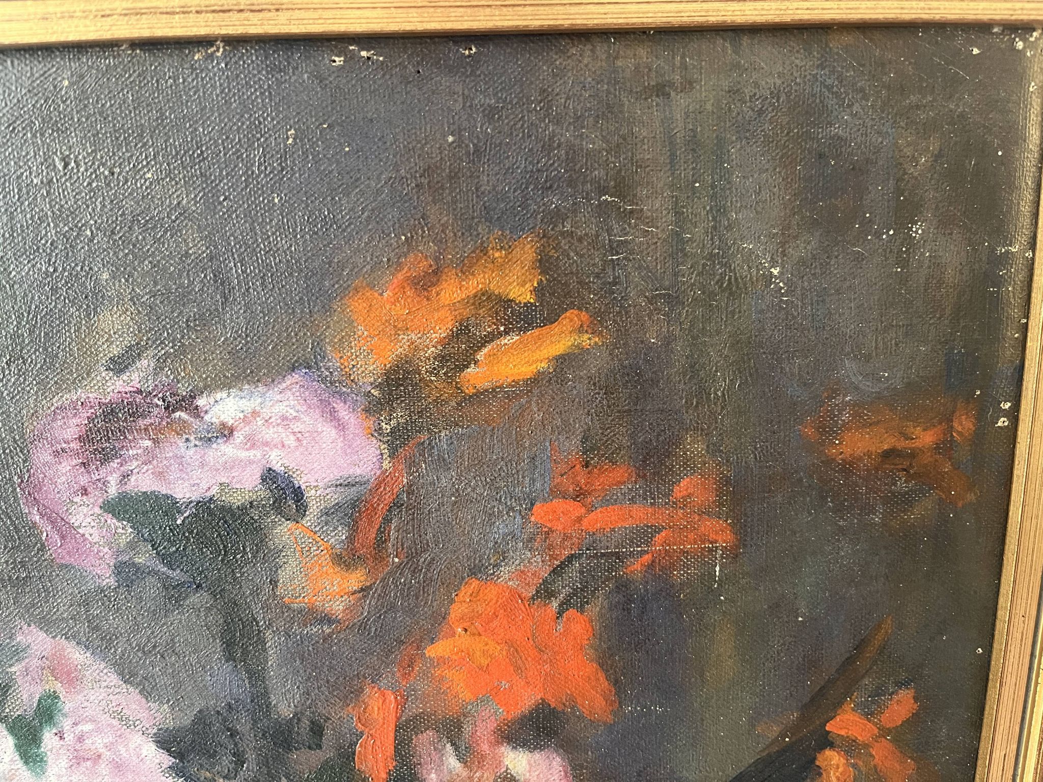Large oil on canvas of a still life with flowers 1929, antique painting.